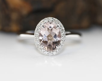 Diamond and Oval Morganite Engagement Ring in 14k Solid Gold