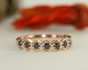 Onyx Honeycomb 14K Rose Gold Ring, Geometric Wedding Band, Stackable Ring