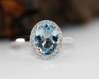 Blue Aquamarine Engagement Ring In 14K White Gold Halo Diamond Ring-Ready to Ship