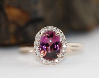 Tourmaline And Diamond Halo Engagement Ring in 14K Rose Gold