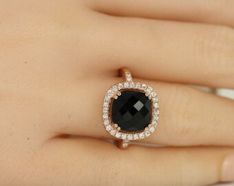 Cushion Black Onyx and Halo Diamond Anniversary Engagement Ring in 14K Rose Gold