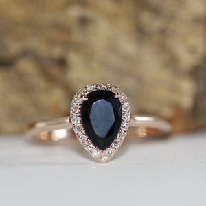 Black Onyx and Diamond Halo Engagement Ring in 14K Rose Gold, Teardrop Black Gemstone Ring, Pear Shape Black Onyx Ring