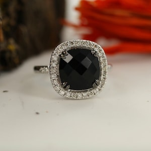 Onyx and Conflict Free Diamond Halo Engagement Ring Cushion Cut Natural Black Onyx in 14K White Gold Anniversary Ring