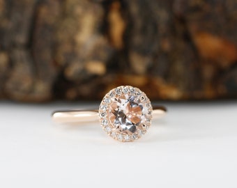 Morganite Engagement Ring In 14K Rose Gold 7MM Morganite Halo Diamond Ring-Bridal Set Available