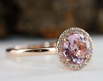 Pink Morganite and Diamond Halo Engagement Ring in 14K Rose Gold, Size 7