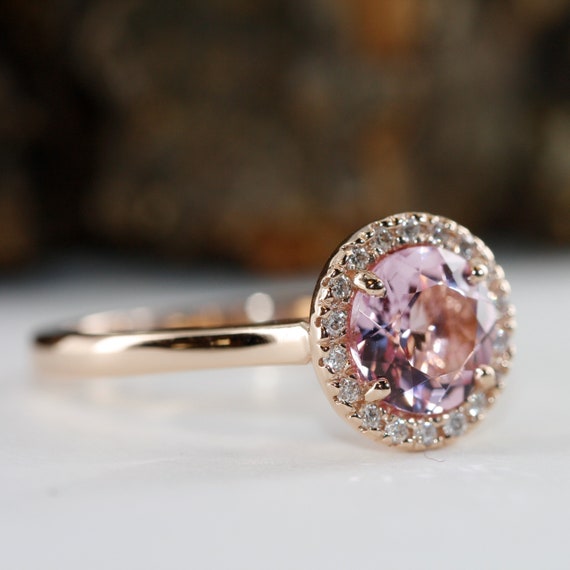 Pink Morganite and Diamond Halo Engagement Ring: 14K Rose Gold, Size 7