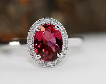 Viva Magenta Tourmaline Diamond Halo Ring - 14K White Gold, Size 7.5
