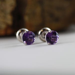 Amethyst Stud Earrings in 14k White Gold, Purple Gemstone Gold Stud Earrings, February Birthstone