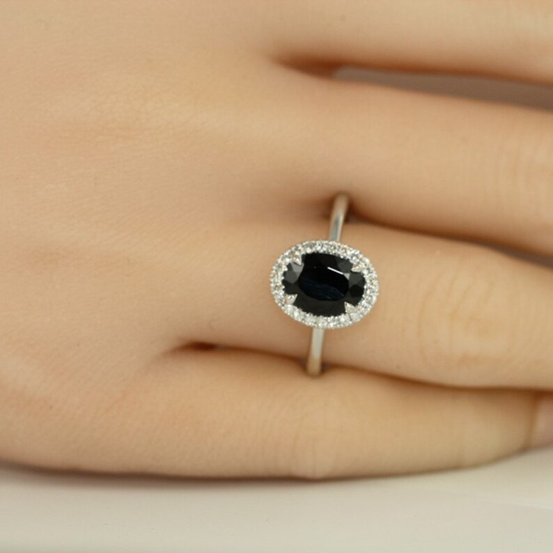 Black Oval Gemstone Engagement Ring In White Gold 9X7mm Black Etsy