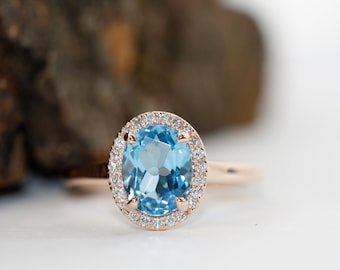 Blue Topaz Diamond Halo Ring: 14k Rose Gold Engagement Ring, Size 7.5