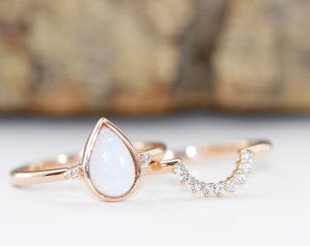 Minimalist Opal And Diamond Women's Ring in Solid 14K Yellow Gold, October Birthstone Ring