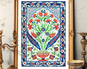 Ottoman Tulip and Carnation Vase Design Tile Watercolor Art, Traditional Turkish Bouquet Decor, Iznik Tile Prints and Original Painting 004