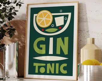 Gin Tonic Cocktail Print, Kitchen Decor, Retro Cocktail Poster, Drinks Print, Mid Century Modern Print, Kitchen Art