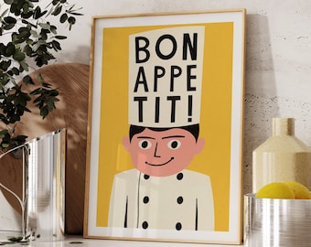 Mid Century Modern Kitchen Print, Bon Appetit Poster, Kitchen Wall Art, French Poster, Kitchen Decor, Chef Poster, French Decor