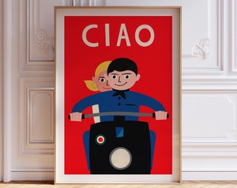 Ciao Mid Century Modern Italy Poster, Ciao Print, Italian Quote Poster, Italy Wall Art, Scooter Print, Italy Decor, Retro Scooter Print