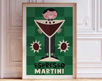 Impresión de cóctel Espresso Martini, decoración de cocina, cartel de cóctel retro, impresión de bebidas, impresión moderna de mediados de siglo, arte de cocina