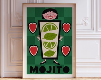 Impresión de Mojito, Decoración de cocina, Cartel de cóctel Mojito, Impresión de bebidas, Arte de cóctel, Cartel de cocina, Impresión moderna de mediados de siglo, Arte de cocina