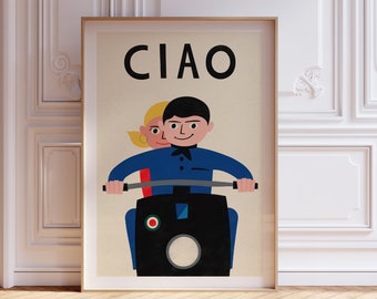 Ciao Italy Poster, Italian Quote Print, Italy Wall Art, Ciao Print, Mid Century Modern Poster, Scooter Print, Typography Print, Italy Decor