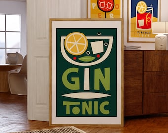 Printable Art, Gin Tonic Cocktail Print, Kitchen Decor, Retro Cocktail Poster, Drinks Print, Mid Century Modern Print, Digital Download