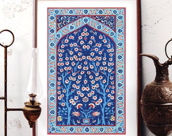 Turkish Tile Tree of Life Watercolor Painting, Traditional Ottoman Floral and Tree of Life Wall Art, Iznik Prints and Original Painting 001