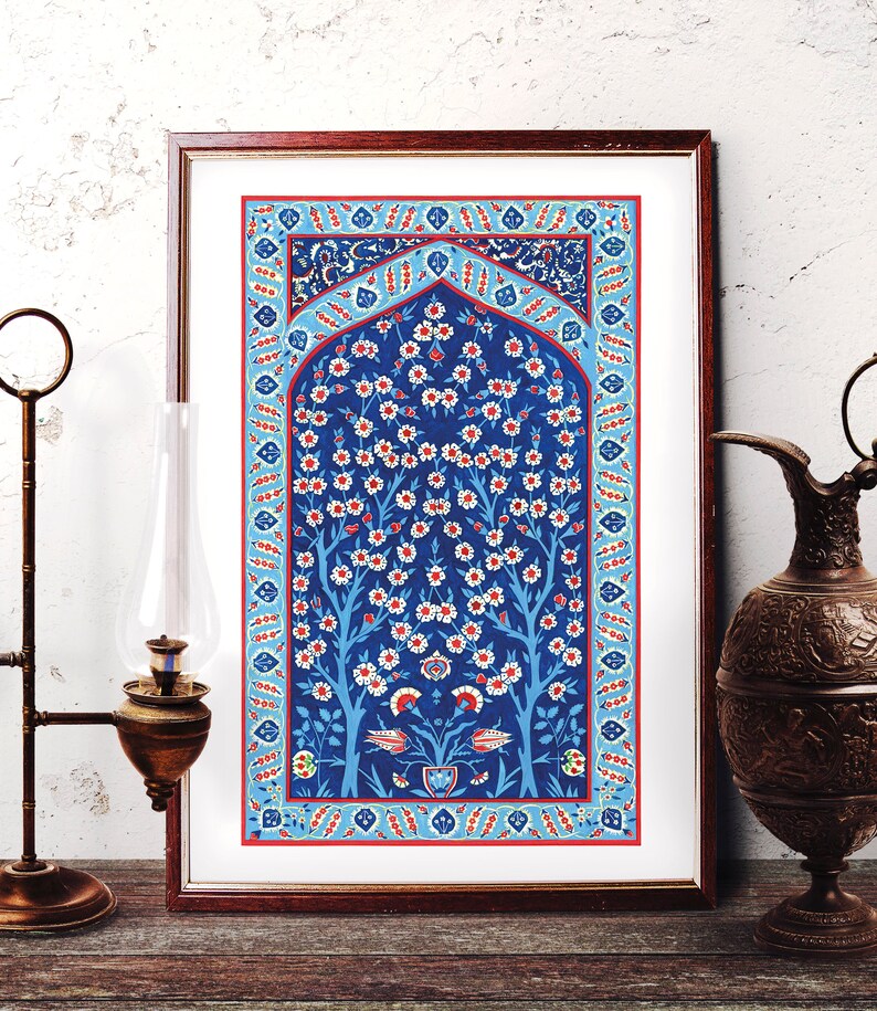 Turkish Tile Tree of Life Watercolor Painting, Traditional Ottoman Floral and Tree of Life Wall Art, Iznik Prints and Original Painting 001 image 1