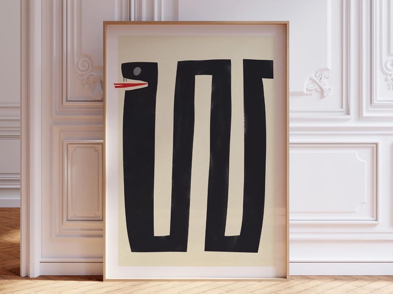May include: A black and white abstract art print of a snake with a red mouth. The snake is in a simple, geometric style.