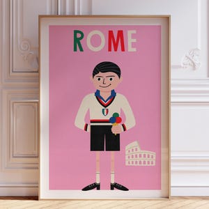 Puede incluir: Una impresión artística enmarcada con la palabra "ROME" en letras verdes y rojas sobre un fondo rosa. La ilustración presenta a una persona sosteniendo un helado, con el Coliseo al fondo.