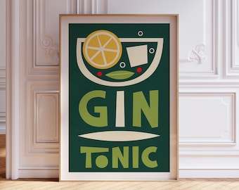 Retro Gin Tonic Cocktail Print, Mid Century Kitchen Decor (Digital Download)