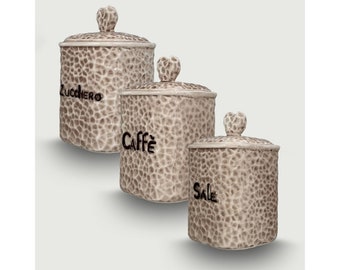 Set tris barattoli ceramica tortora con coperchio zucchero caffe' sale cm.10x10x15h