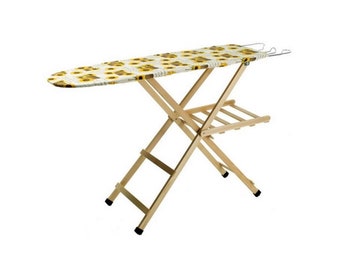 Wooden ironing board with metal iron rest, adjustable ironing board in 3 positions, removable chromed metal iron rest, assorted colors