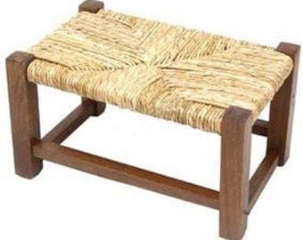 Tabouret bas repose-pieds en bois avec paille