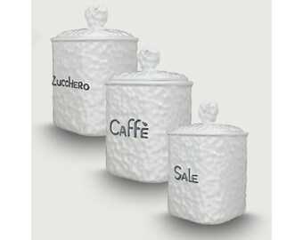 Set tris barattoli ceramica bianco  con coperchio zucchero caffe' sale cm.10x10x15h