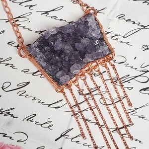 Amethyst Cluster Necklace with Chain Bib, Copper Electroformed Pendant, Statement Necklace