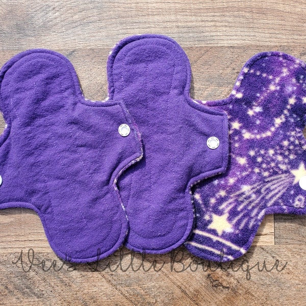Reusable Menstrual Pad, Cloth Reusable Pad, Purple Zodiacs, 8.75 inch, Light/Medium flow.