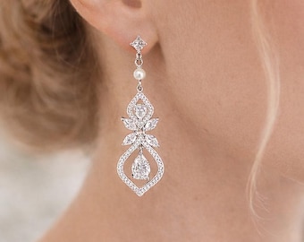 Crystal Bridal Drop Clip o n Earrings: Wedding Jewelry Non-Pierced Ears, Bridesmaids Pearl Dangle
