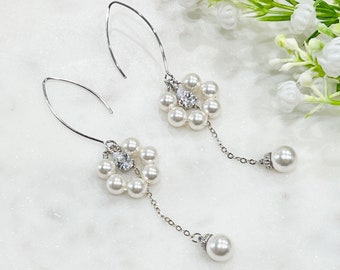 Art Deco Earrings, Long Dangle Earrrings, Linear Earrings, Austria White Pearl Earrings, Bridesmaids, Maid of Honor Gift, Bridal Jewelry