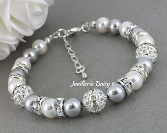 Light Gray and White Pearl Bracelet, Bridesmaids Gift, Rhinestoens Bracelet, Maid of Honor, Prom Jewlery, Wedding, Bridal Jewelry, Prom Gift