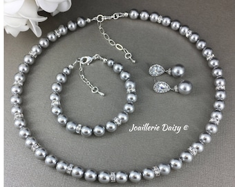 Mother of the Bride Groom Jewelry, Light Gray Pearl Necklace Bracelet Earrings Set, Bridesmaids Maid of Honor, Christmas, Wedding, Bridal