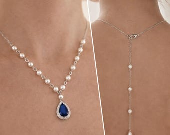 Bridal Jewelry Set: Sapphire Teardrop, Necklace Backdrop Earrings, Wedding Something Blue
