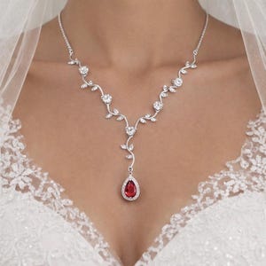 Red Teardrop Vine Necklace and Earring Set: Ruby Leaf Wedding Jewelry, Crystal, Christmas Gift