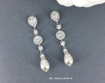Long Pearl Drop Bridal Earrings, Art Deco Wedding Earrings for Brides, Long Earrings, Crystal and Pearl Earrings, Pear Drop Earrings