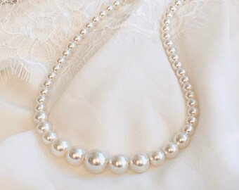 Bridal White Gradual Pearl Necklace, Bridesmaids Maid of Honor Gift, Wedding Strand Necklace, Prom, Birthday, Christmas, Mother of Bride