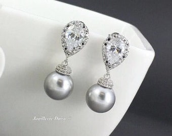 Light Grey Pearl CZ Earrings, Bridesmaids Gift, Maid of Honor, Mother of Groom, Mother of Bride, Bridal Party, Grandma, Prom, Birthday