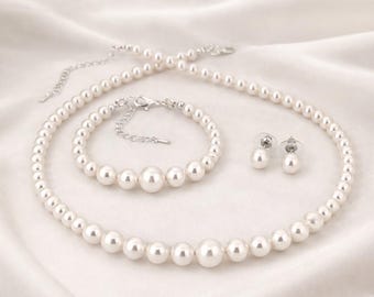 Bridal Pearl Necklace: Wedding Bracelet & Stud Earrings, Bridesmaid Gift,