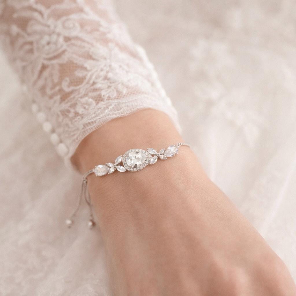 Bridal CZ Teardrop Bracelet, Silver Adjustable Wedding Crystal Jewelry Bridal CZ Teardrop Bracelet, Silver Adjustable Wedding Crystal Jewelry