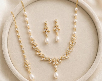 Bridal Pearl Gold Necklace with Backdrop: Wedding Floral Jewelry, Created with Crystals by Swarovski®