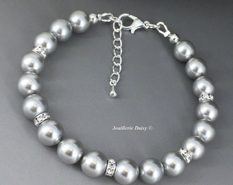 Austria 8mm Light Gray Pearl Bracelet, Bridal Gift, Bridesmaids, Mother of Bride Groom, Aunt, Grandma, Prom, Brithday, Wedding Jewelry Gift