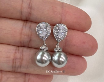 Light Grey Pearl CZ Earrings, Bridesmaids Gift, Maid of Honor, Mother of Groom, Mother of Bride, Bridal Party, Grandma, Prom, Birthday