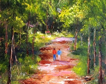 Richmond Illinois Landscape Hike Forest - Unframed - Oil on canvas on panel - 9"W x 12"H - Original Oil Painting by Kathy Clouse - "Hiking"