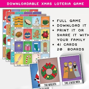Navidad Loteria Spiel - Herunterladbar - XMAS - Minimalistisches Weihnachts-Bingo-Spiel -Family Reunion Fiesta- 40 Karten Deck - 20 Spielbretter